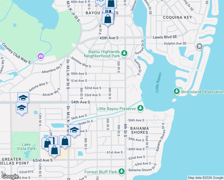 map of restaurants, bars, coffee shops, grocery stores, and more near 505 52nd Avenue South in St. Petersburg