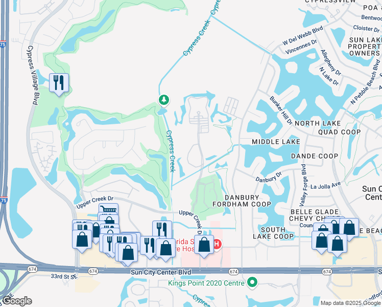 map of restaurants, bars, coffee shops, grocery stores, and more near 912 American Eagle Boulevard in Sun City Center