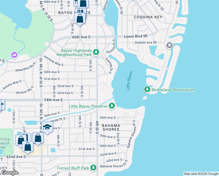 map of restaurants, bars, coffee shops, grocery stores, and more near 150 Banyan Bay Drive in St. Petersburg