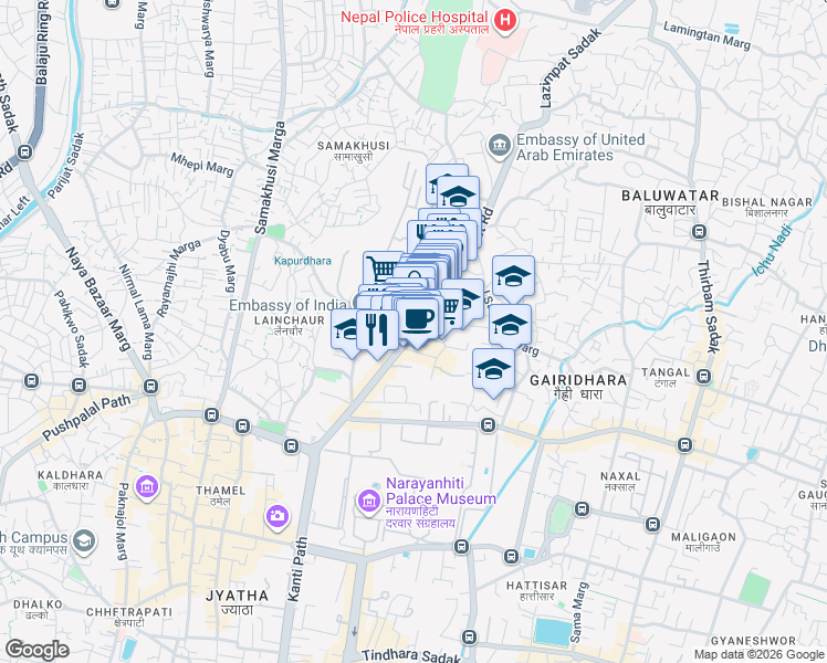 map of restaurants, bars, coffee shops, grocery stores, and more near Lazimpat Road in Kathmandu