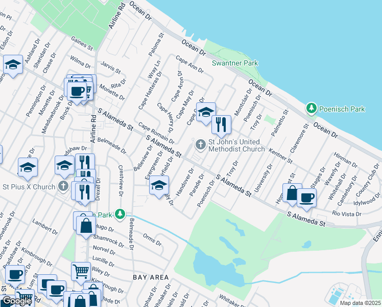 map of restaurants, bars, coffee shops, grocery stores, and more near 426 Colony Drive in Corpus Christi