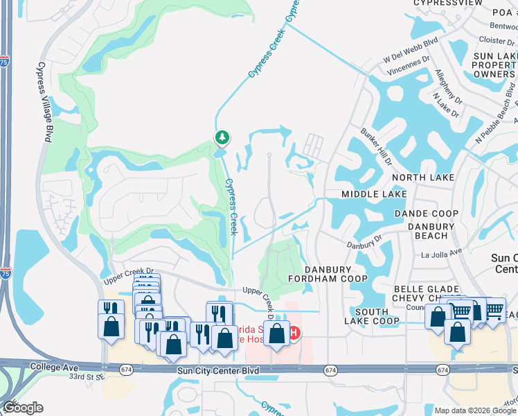 map of restaurants, bars, coffee shops, grocery stores, and more near 912 American Eagle Boulevard in Sun City Center