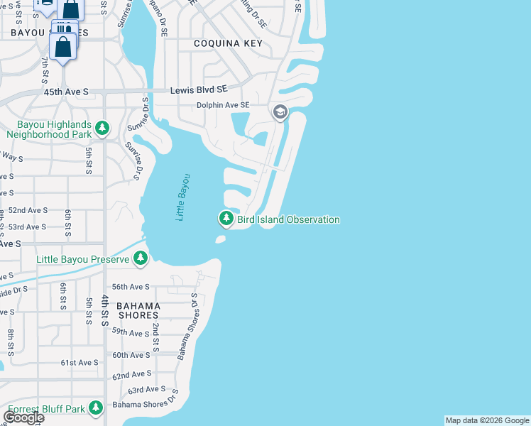 map of restaurants, bars, coffee shops, grocery stores, and more near 5196 Beach Drive Southeast in St. Petersburg