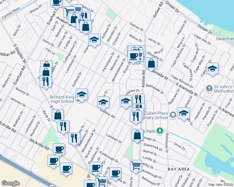 map of restaurants, bars, coffee shops, grocery stores, and more near 709 Brock Drive in Corpus Christi