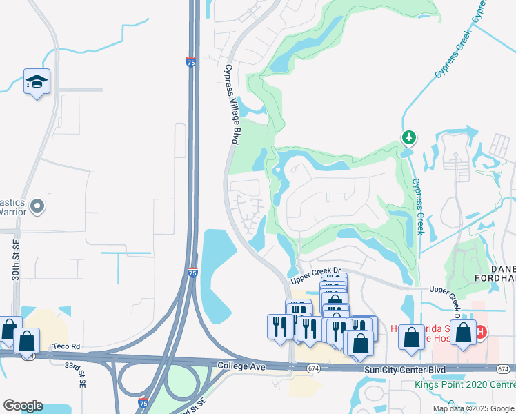 map of restaurants, bars, coffee shops, grocery stores, and more near 912 Silverthorn Lane in Sun City Center