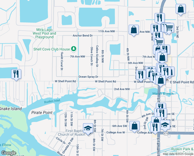 map of restaurants, bars, coffee shops, grocery stores, and more near 856 Ocean Spray Drive in Ruskin