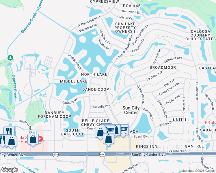 map of restaurants, bars, coffee shops, grocery stores, and more near 1505 North Pebble Beach Boulevard in Sun City Center