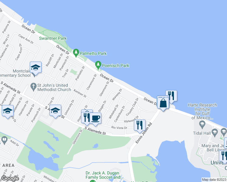 map of restaurants, bars, coffee shops, grocery stores, and more near 5733 Ocean Drive in Corpus Christi