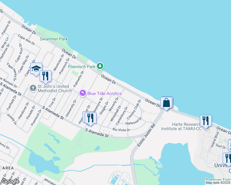 map of restaurants, bars, coffee shops, grocery stores, and more near 5733 Ocean Drive in Corpus Christi