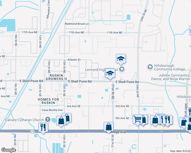 map of restaurants, bars, coffee shops, grocery stores, and more near 1862 Atlantic Drive in Ruskin