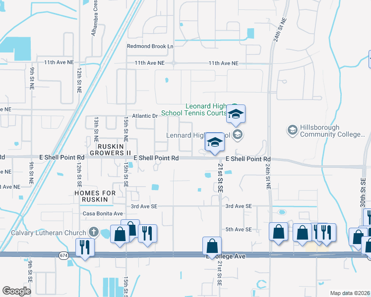 map of restaurants, bars, coffee shops, grocery stores, and more near 1860 Atlantic Drive in Ruskin