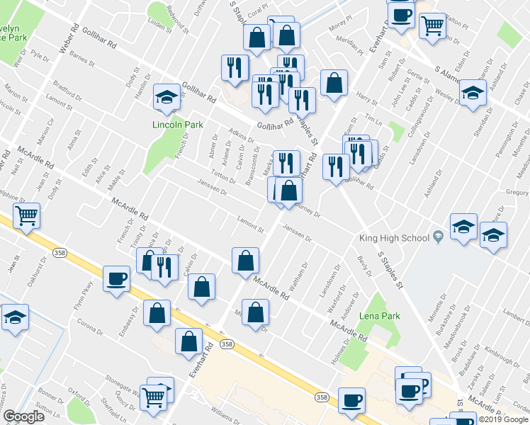 map of restaurants, bars, coffee shops, grocery stores, and more near 4670 Mildred Drive in Corpus Christi