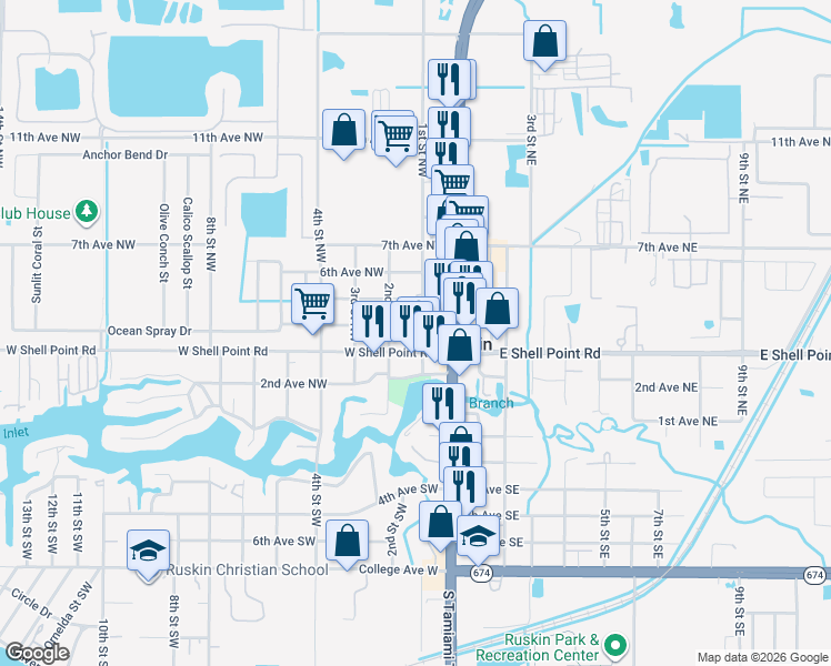 map of restaurants, bars, coffee shops, grocery stores, and more near 308 1st Street Northwest in Ruskin