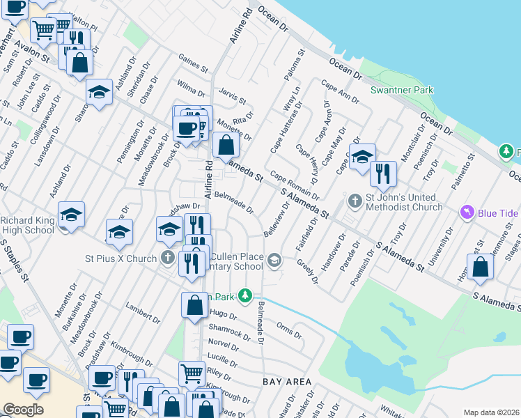 map of restaurants, bars, coffee shops, grocery stores, and more near 521 Rawleigh Drive in Corpus Christi