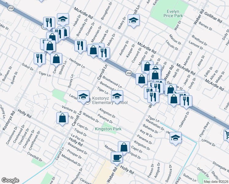 map of restaurants, bars, coffee shops, grocery stores, and more near 3713 Bentwood Lane in Corpus Christi