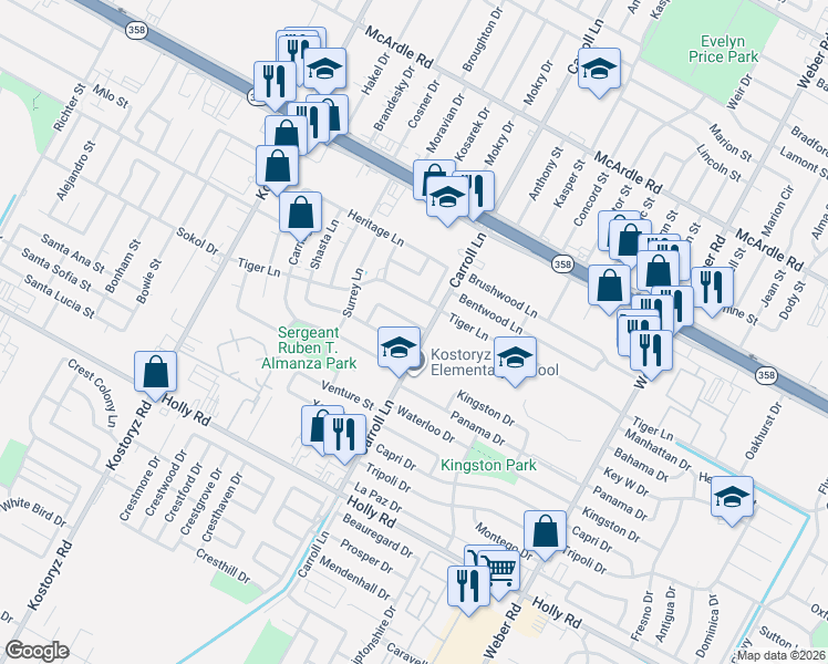 map of restaurants, bars, coffee shops, grocery stores, and more near 3554 Columbine Lane in Corpus Christi
