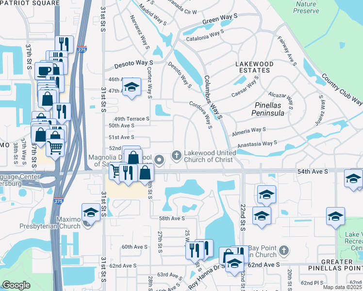 map of restaurants, bars, coffee shops, grocery stores, and more near 5127 Caesar Way South in St. Petersburg