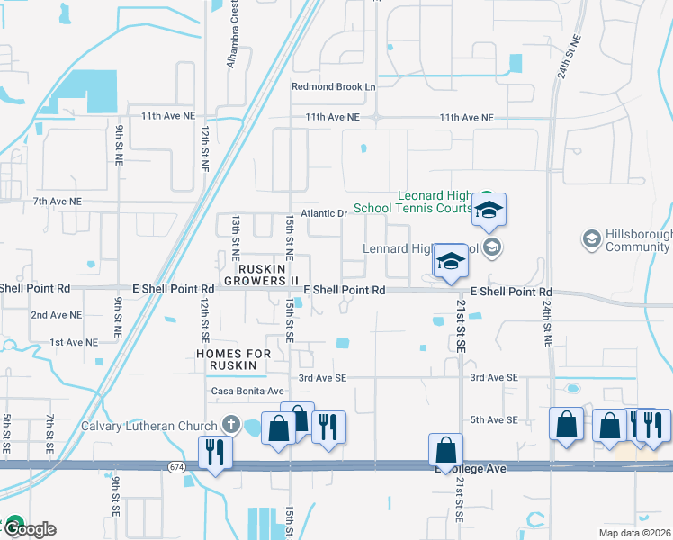 map of restaurants, bars, coffee shops, grocery stores, and more near 311 Shell Manor Drive in Ruskin