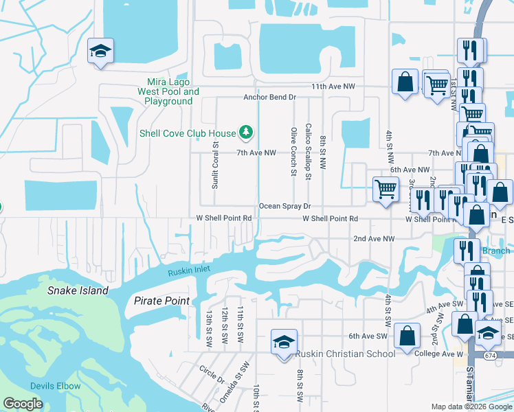 map of restaurants, bars, coffee shops, grocery stores, and more near 1011 Ocean Spray Drive in Ruskin