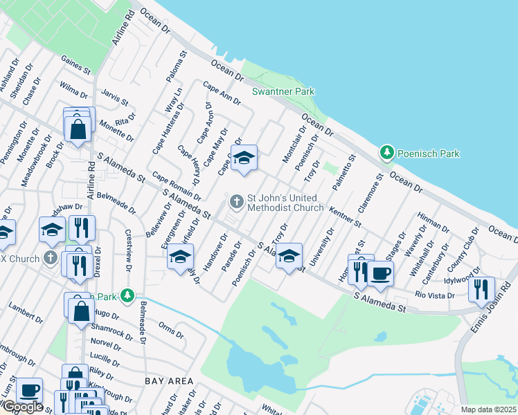 map of restaurants, bars, coffee shops, grocery stores, and more near 434 Montclair Drive in Corpus Christi