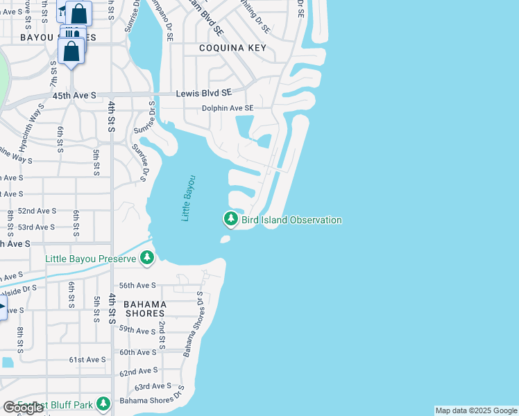 map of restaurants, bars, coffee shops, grocery stores, and more near 5196 Beach Drive Southeast in St. Petersburg