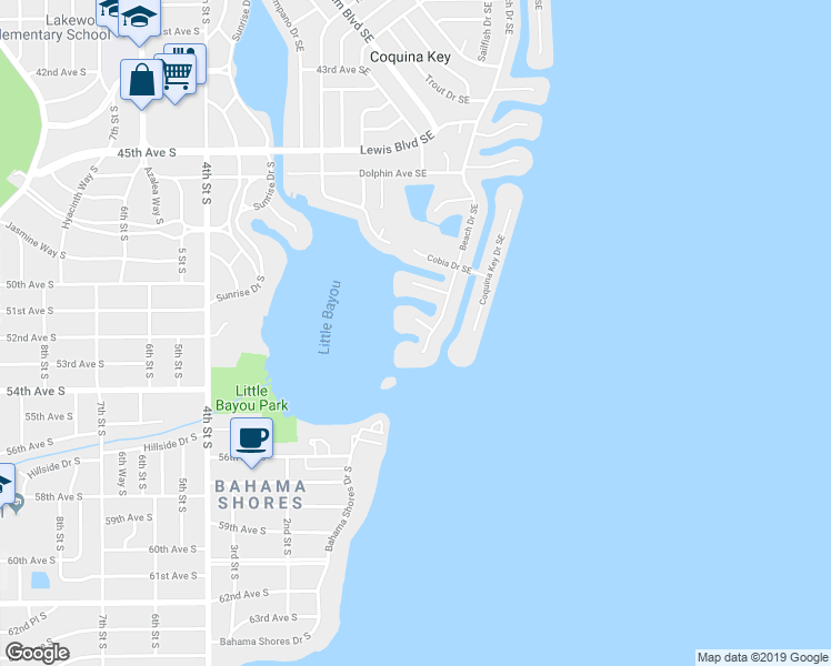 map of restaurants, bars, coffee shops, grocery stores, and more near 5141 Salmon Drive Southeast in St. Petersburg