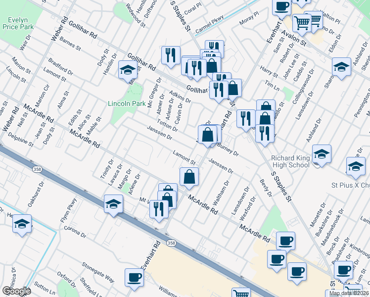 map of restaurants, bars, coffee shops, grocery stores, and more near 4650 Janssen Drive in Corpus Christi