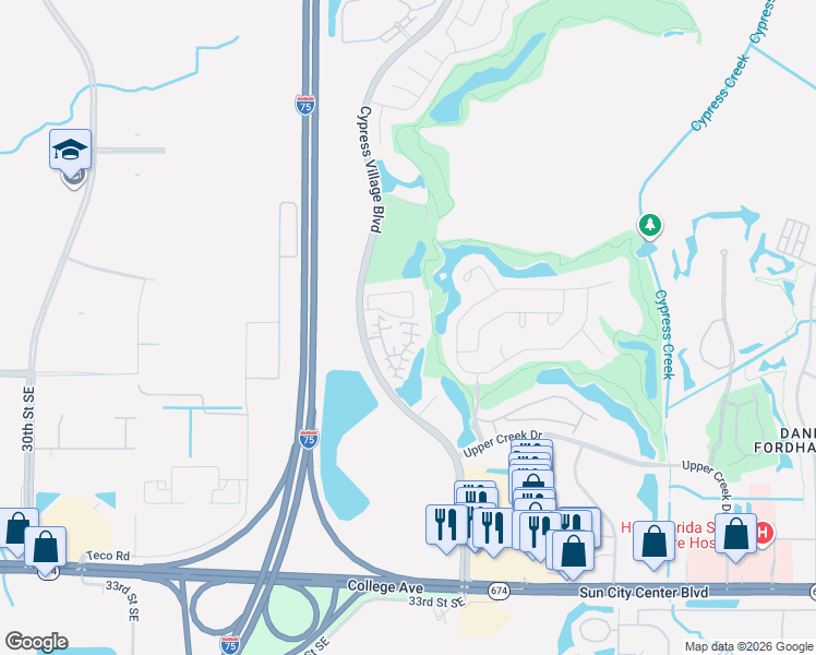 map of restaurants, bars, coffee shops, grocery stores, and more near 904 Silverthorn Lane in Sun City Center