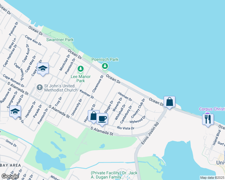 map of restaurants, bars, coffee shops, grocery stores, and more near 233 Glenmore Street in Corpus Christi