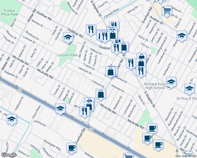 map of restaurants, bars, coffee shops, grocery stores, and more near 4650 Janssen Drive in Corpus Christi
