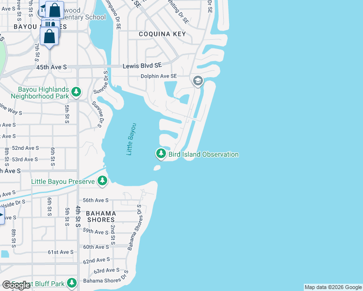 map of restaurants, bars, coffee shops, grocery stores, and more near 5196 Beach Drive Southeast in St. Petersburg