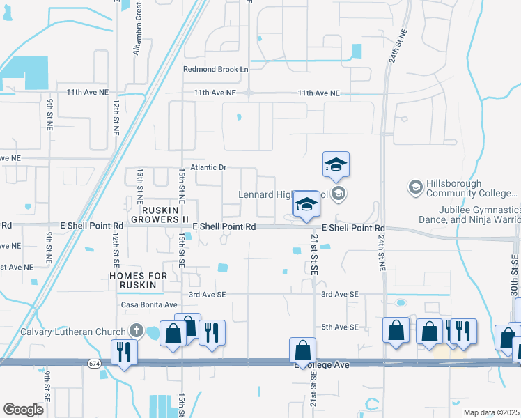 map of restaurants, bars, coffee shops, grocery stores, and more near 1844 Atlantic Drive in Ruskin