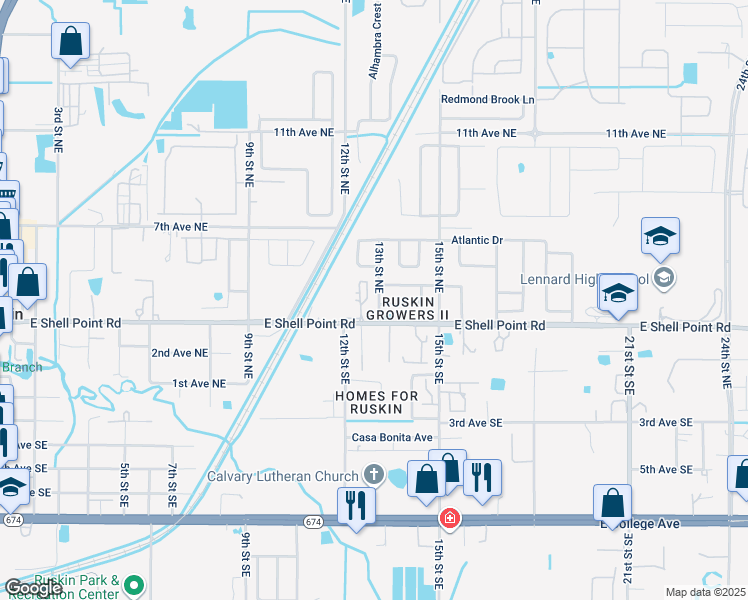 map of restaurants, bars, coffee shops, grocery stores, and more near 308 13th Street Southeast in Ruskin