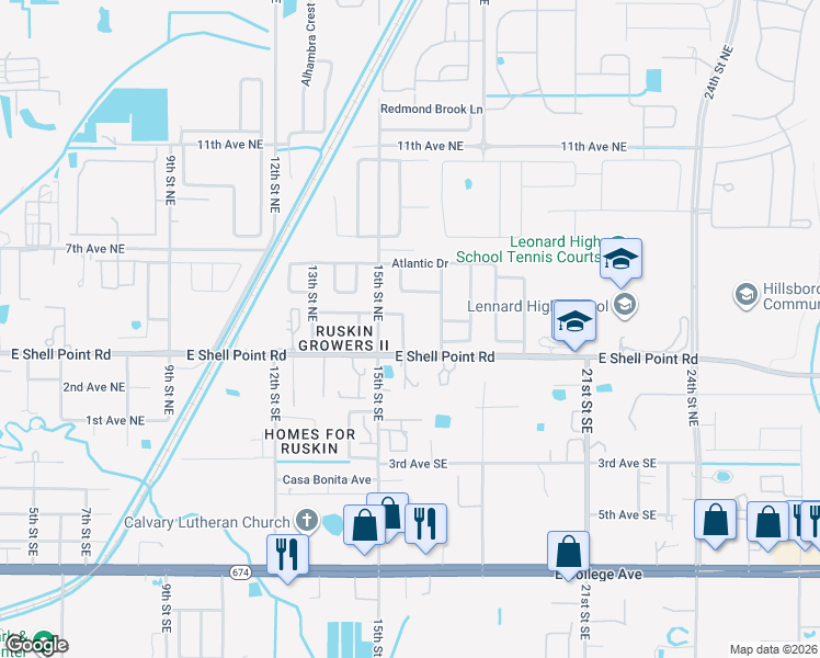 map of restaurants, bars, coffee shops, grocery stores, and more near 311 Shell Manor Drive in Ruskin