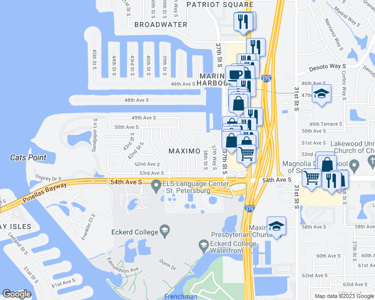 map of restaurants, bars, coffee shops, grocery stores, and more near 5198 39th Street South in Saint Petersburg
