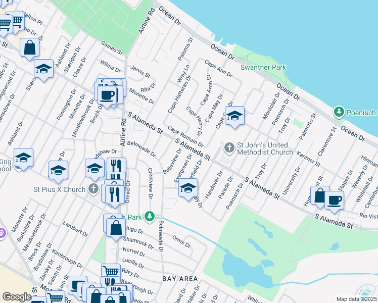 map of restaurants, bars, coffee shops, grocery stores, and more near in Corpus Christi