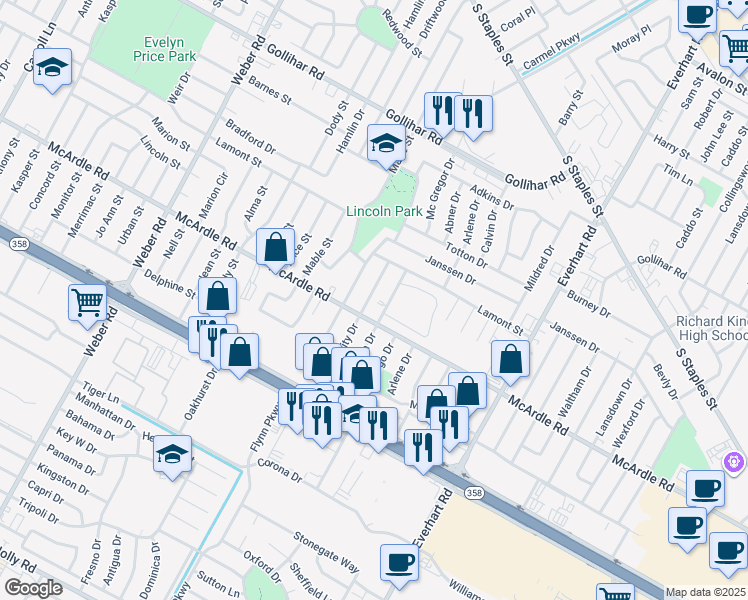 map of restaurants, bars, coffee shops, grocery stores, and more near 4830 Trinity Drive in Corpus Christi