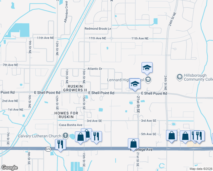 map of restaurants, bars, coffee shops, grocery stores, and more near 1710 Chalksand Way in Ruskin