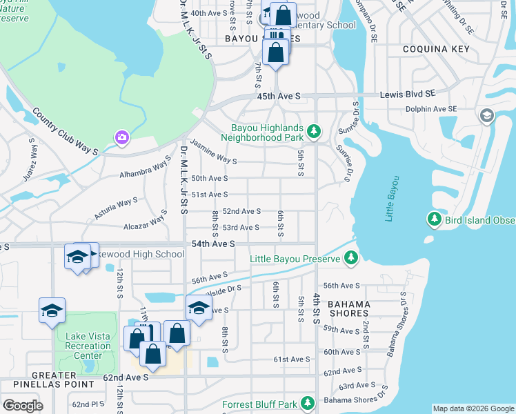 map of restaurants, bars, coffee shops, grocery stores, and more near 669 52nd Avenue South in St. Petersburg