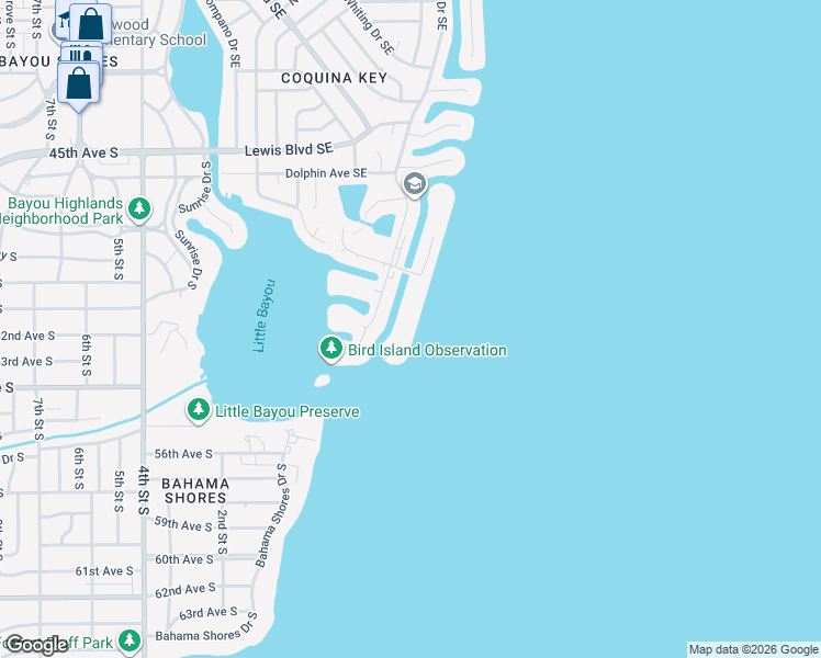 map of restaurants, bars, coffee shops, grocery stores, and more near 5172 Coquina Key Drive Southeast in St. Petersburg
