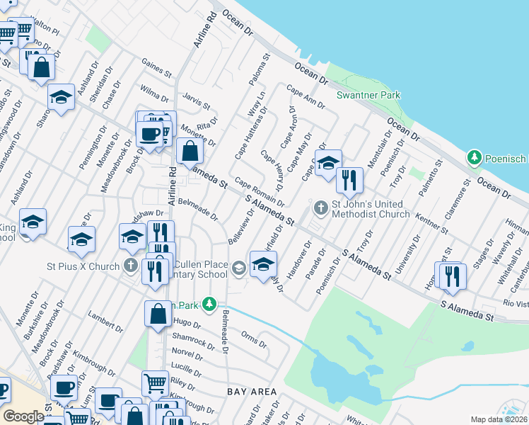 map of restaurants, bars, coffee shops, grocery stores, and more near in Corpus Christi