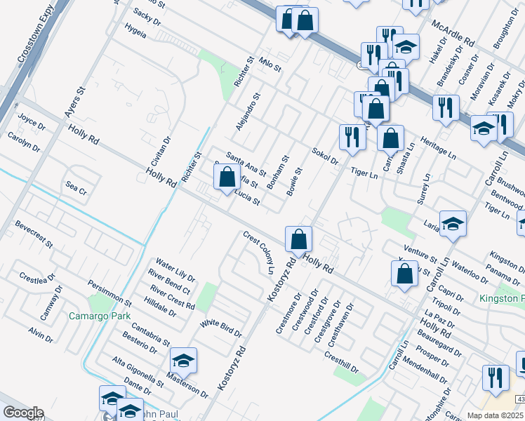map of restaurants, bars, coffee shops, grocery stores, and more near 3117 Santa Lucia Street in Corpus Christi