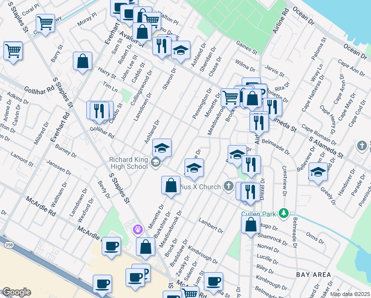map of restaurants, bars, coffee shops, grocery stores, and more near 730 Monette Drive in Corpus Christi
