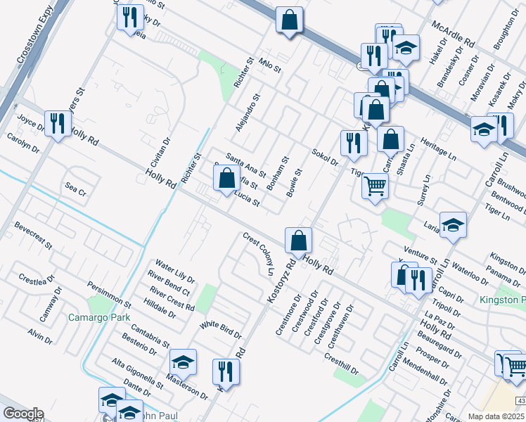 map of restaurants, bars, coffee shops, grocery stores, and more near 3117 Santa Lucia Street in Corpus Christi