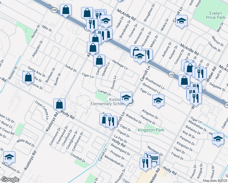 map of restaurants, bars, coffee shops, grocery stores, and more near 3402 Lariat Lane in Corpus Christi