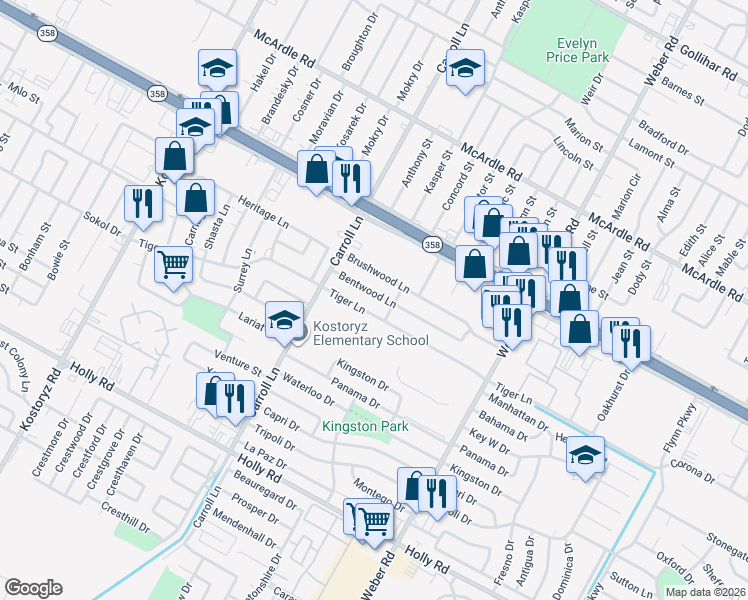 map of restaurants, bars, coffee shops, grocery stores, and more near 3713 Bentwood Lane in Corpus Christi