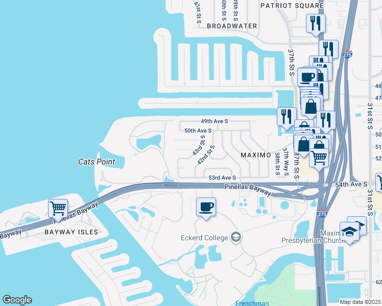 map of restaurants, bars, coffee shops, grocery stores, and more near 4322 50th Place South in St. Petersburg