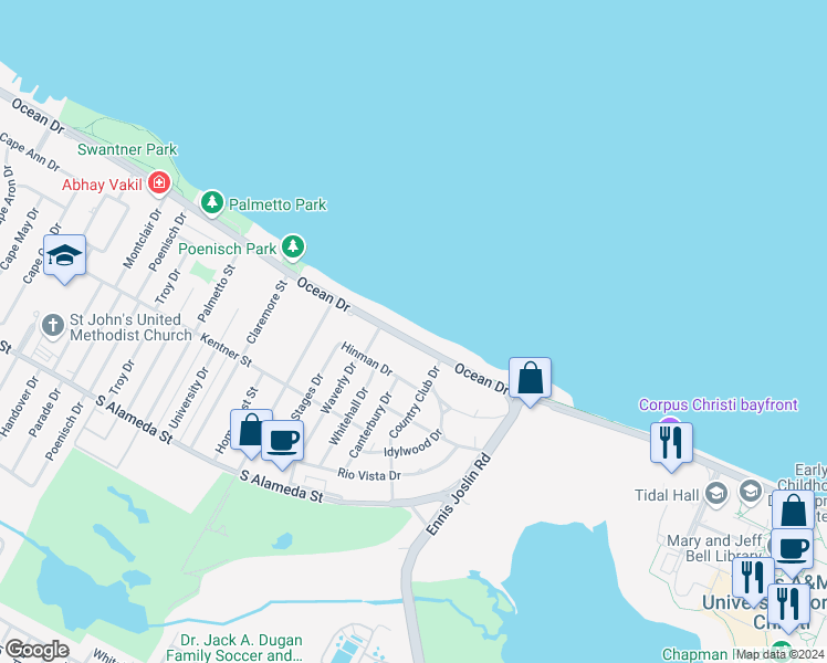 map of restaurants, bars, coffee shops, grocery stores, and more near 5830 Ocean Drive in Corpus Christi