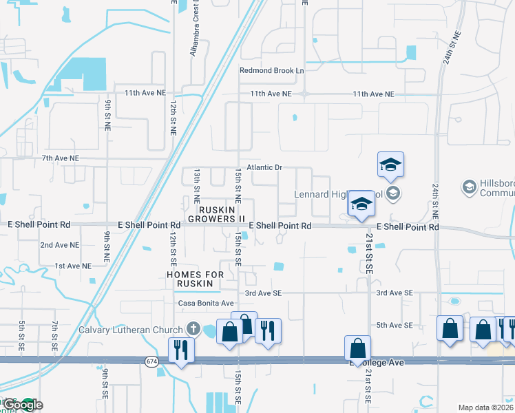map of restaurants, bars, coffee shops, grocery stores, and more near 313 Shell Manor Drive in Ruskin