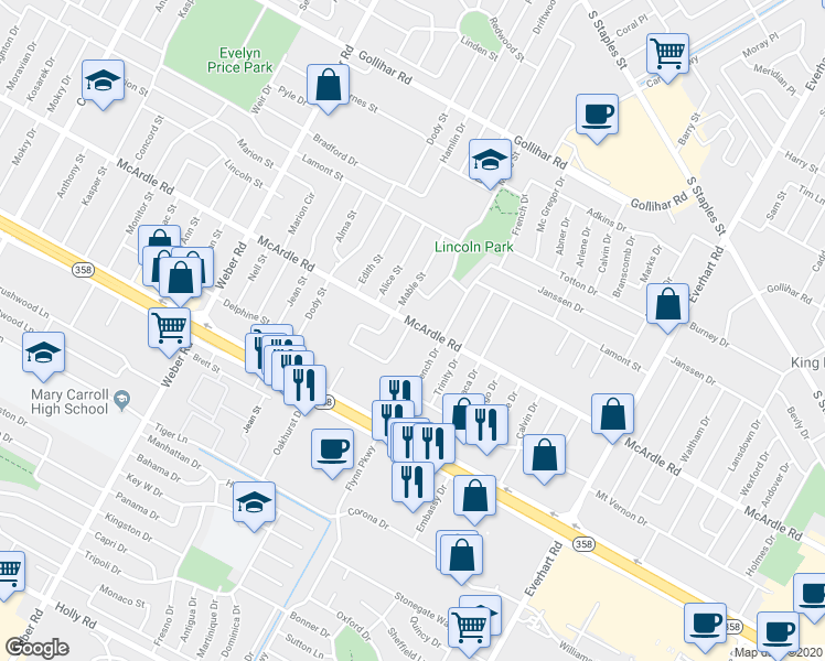 map of restaurants, bars, coffee shops, grocery stores, and more near 4906 Kathy Drive in Corpus Christi